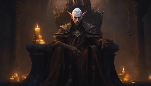 A necromancer brown elf, sitting in a dark throne