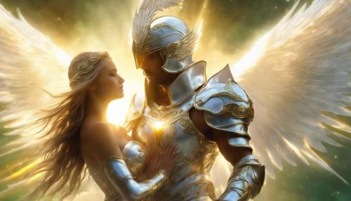 muscular angel with white wings wearing a silver shining plate armor with helmet, heals a beautiful woman and the sun is giving its power to the angel, 4k, golden healing beams, golden healing power out of the angels hands, green glowing eyes behind the helmet