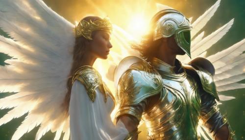 muscular angel with white wings wearing a silver shining plate armor with helmet, heals a beautiful woman and the sun is giving its power to the angel, 4k, golden healing beams, golden healing power out of the angels hands, green glowing eyes behind the helmet