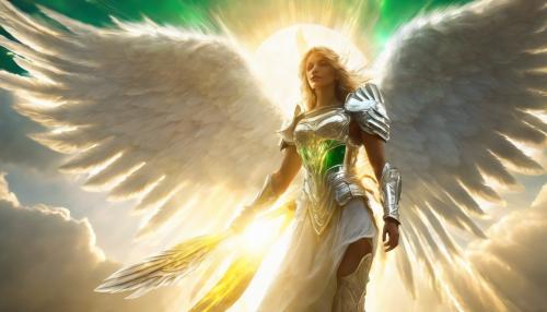 muscular angel with white wings wearing a silver shining plate armor with helmet, heals a beautiful woman and the sun is giving its power to the angel, 4k, golden healing beams, golden healing power out of the angels hands, green glowing eyes behind the helmet