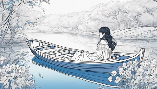 Anime Woman in lying in boat, trees on bank, flowers, blue dress, long hair, gothic, calm