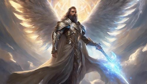 male paldin fantasy artwork with wings and holy light on shiny silver armor, 4k, brown hair and long beard