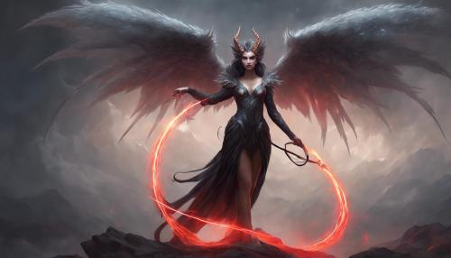 female manticor on two legs standing holding a whip, 4k, fantasy, grey fur, black dress, red eyes, huge wings