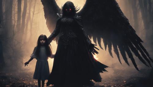 a dark angel with a demonic face, protecting a scared little girl from monsters 