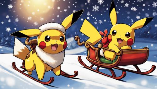 Pikachu and eevee riding a sleigh