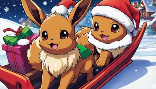 Eevee riding a Christmas sleigh with friends