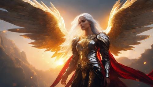 silver haired female angel with huge red-black wings and golden armor holding another female and healing her wounds, sunlight of a dawn, 4k, upscaling, dark fantasy, golden string armor, 90-60-90 bmi