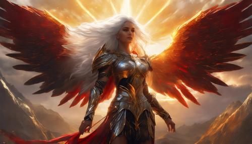 silver haired female angel with huge red-black wings and golden armor holding another female and healing her wounds, sunlight of a dawn, 4k, upscaling, dark fantasy, golden string armor, 90-60-90 bmi