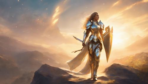 female paladin in big shiny armor walking in the light of a dawn, perfect body, sword carried on the back, 4k, upscaling, holy light above her, 