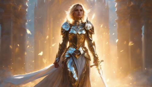 female paladin in big shiny armor walking in the light of a dawn, perfect body, sword carried on the back, 4k, upscaling, holy light above her, 