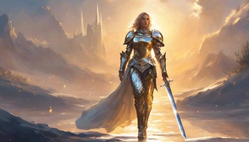 female paladin in big shiny armor walking in the light of a dawn, perfect body, sword carried on the back, 4k, upscaling, holy light above her, 