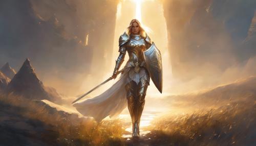 female paladin in big shiny armor walking in the light of a dawn, perfect body, sword carried on the back, 4k, upscaling, holy light above her, 