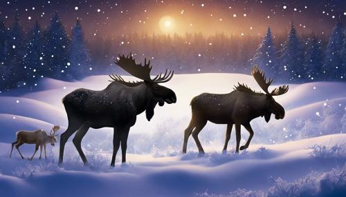 moose, reindeers, snow, night