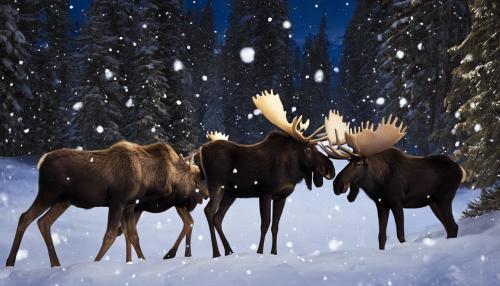 moose, reindeers, snow, night