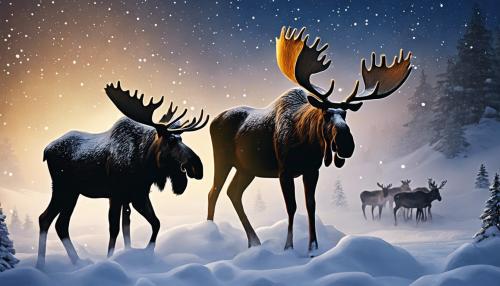 moose, reindeers, snow, night