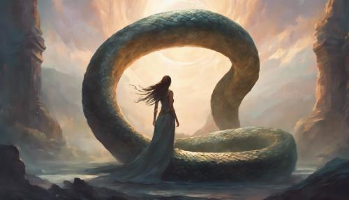 A woman and a giant snake hug each other in font of ritual stone altaru