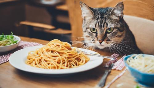 Cat sitting at table eating spaghetti