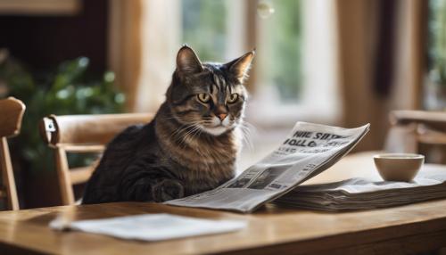 Smart cat sitting at table reading newspaper