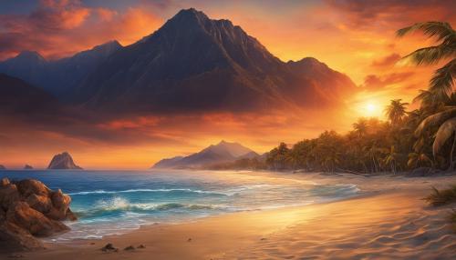 sunset on beach with mountains