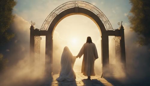 Jesus guides person to gates of heaven