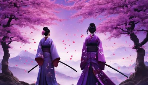 Beautiful samurai women standing in front of purple sakura tree