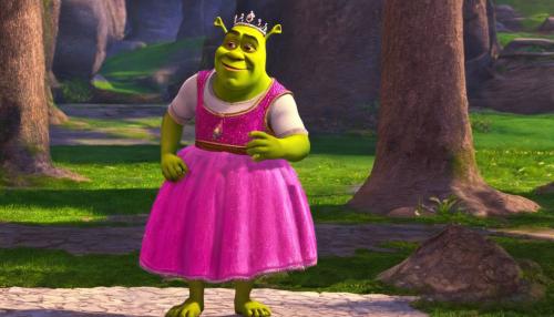 Shrek in pink skirt wearing tiara