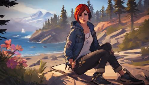 Large image with a very game like chloe price from the game life is strange with the life is strange game's art style with pretty art of arcadia bay 