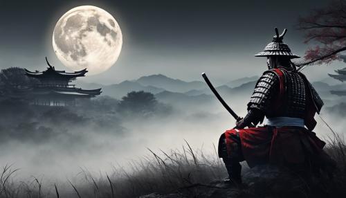 One samurai left on a battlefield after a long and tiring fight. He stares at the full moon in the dense fog.