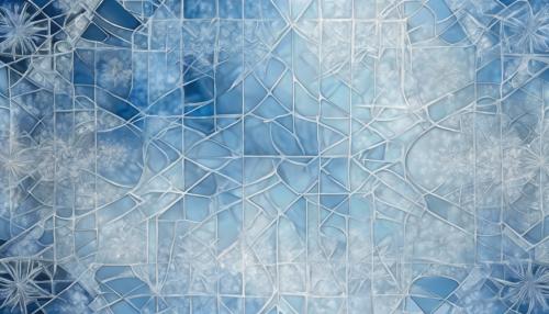 frosted windowpanes and icecrystals pattern, in the style oficy whites and blues, mandalapatterns, delicate tracery,crystalline formations, magicalwinter