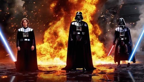 half Evil anakin skywalker and half darth vader post battle with fire in background