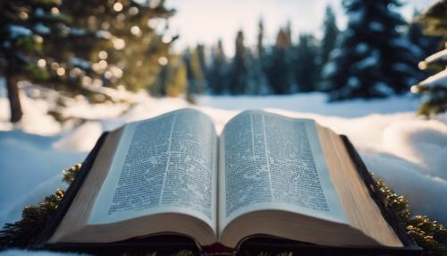 Open Bible with snow covered fir trees background