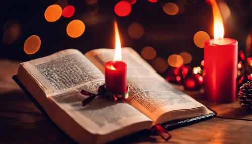 Open Bible with a burning red Christmas candle to the right of the Bible.