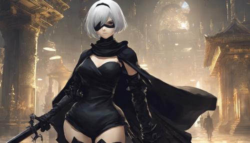 2b near automata. Without her mask like in the anime. Background in the themes of the anime near automata.