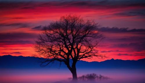 Silhouette of a bare tree in a deep blue and red sunset 