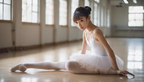 Created a photo of a beautiful and gorgeous Japanese high school girl ballerina. The background is a ballet class. Wearing a pure white chuchubon ballet costume. Wear a short skirt. Wearing white tights. Her hair is brown. The model is sitting on the floor. Please include the model's entire body in the photo. The model's legs are long, slender and beautiful.