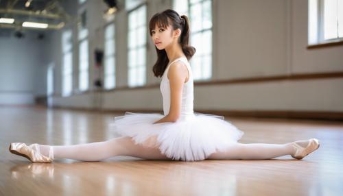 Created a photo of a beautiful and gorgeous Japanese high school girl ballerina. The background is a ballet class. Wearing a pure white chuchubon ballet costume. Wear a short skirt. Wearing white tights. Her hair is brown. The model is sitting on the floor. Please include the model's entire body in the photo. The model's legs are long, slender and beautiful.