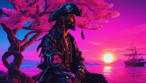 Shrk in a pirate outfit that is fierce with a blossom tree and a sunset behind