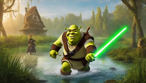 Shrek with a lightsaber fighting a ginger bread man in a swamp