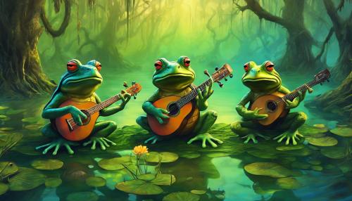 Frogs and turtles playing acoustic instruments in a psycedelic swamp.