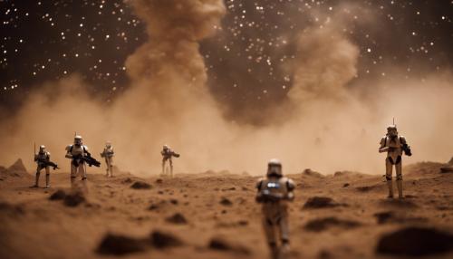 Clones and droids shooting in a dust cloud on geonosis