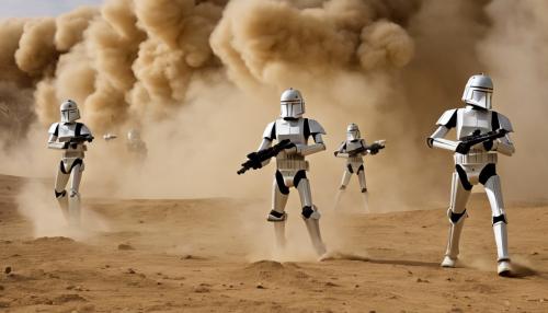 Clones shooting battle droids in a dust cloud