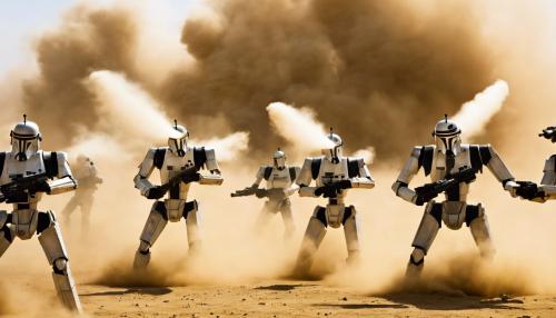 Clones shooting battle droids in a dust cloud