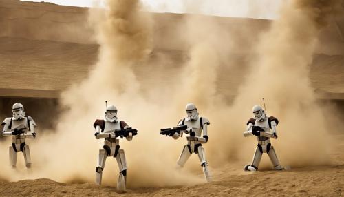 Clones shooting battle droids in a dust cloud