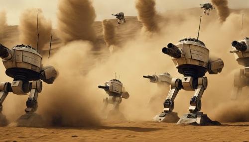 Clones shooting battle droids in a dust cloud