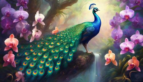 Vibrant peacock surrouded by orchids