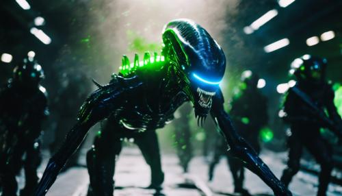 side view of a black H.R. Geiger xenomorph ascending into a beam of light above cowering soldiers,  with neon green and electric blue watercolor splatters