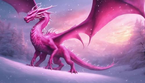 pink dragon, fantasy, in the snow 4k 