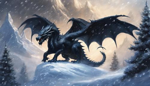 black dragon, fantasy, in the snow 