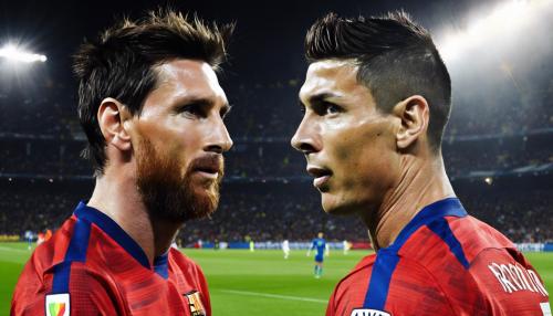 Messi and Cristiano Ronaldo looking at each other with flaming eyes on a soccer field