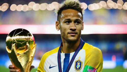 Neymar jr wth glowing eyes behind the world cup trophy on a soccer field